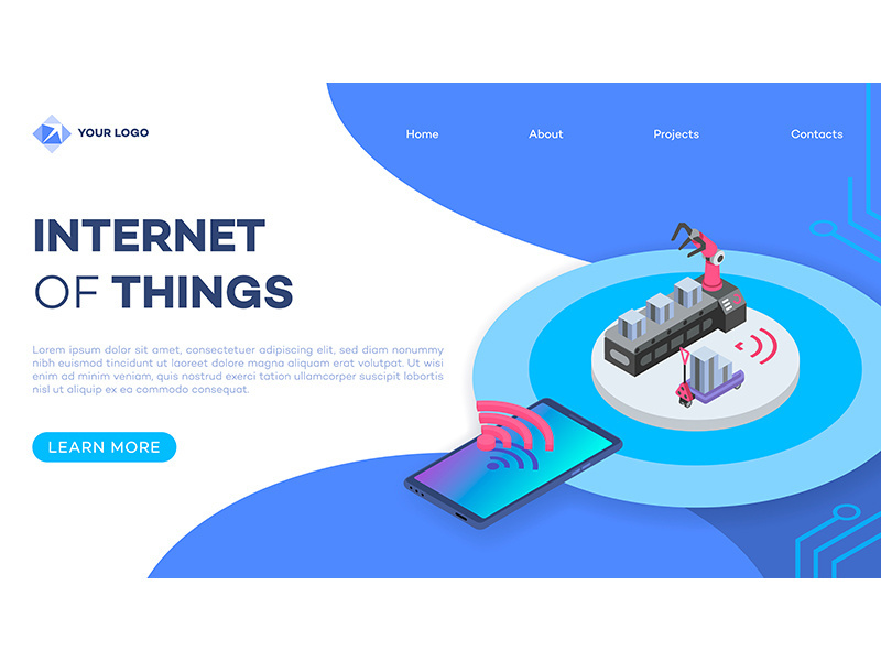 Mechanical robot arm remote control landing page vector template with isometric illustration