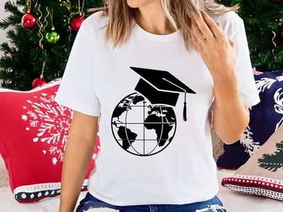 Global Education Graduation Cap on World Map Vector Icon