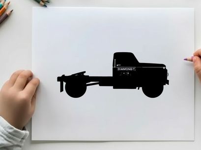 Silhouette of a pickup truck with a flatbed and red logo