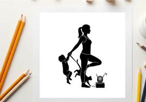 Silhouette of woman balancing child and dog while exercising