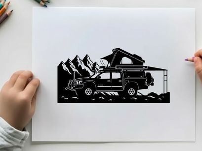 Silhouette of a car with a rooftop tent in a mountainous landscape silhouette
