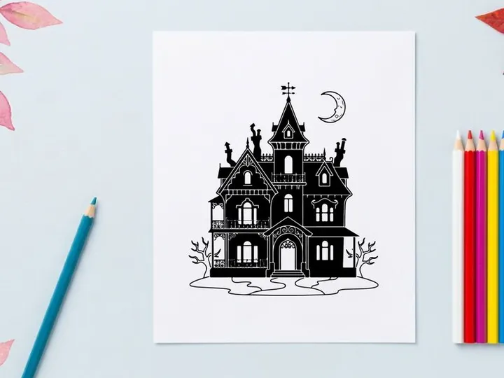 Haunted Victorian mansion illustration at night. Gothic spooky house with moonlit tower and eerie atmosphere.