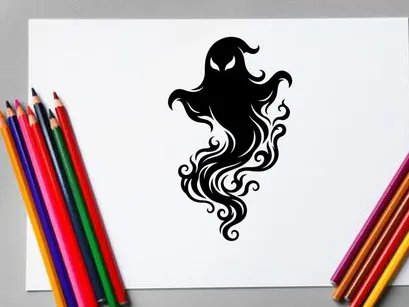 Stilisierte schwarze Silhouette einer mystischen geisterhaften Figur mit fließendem Haar