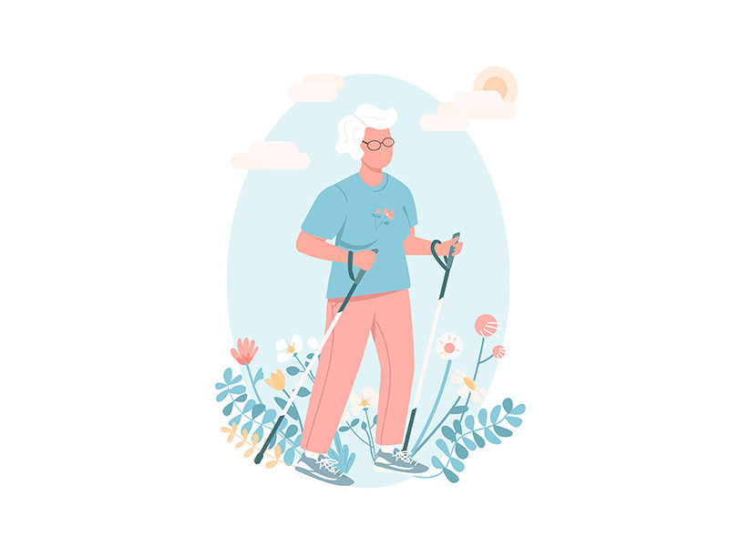Active elderly female flat color vector faceless character