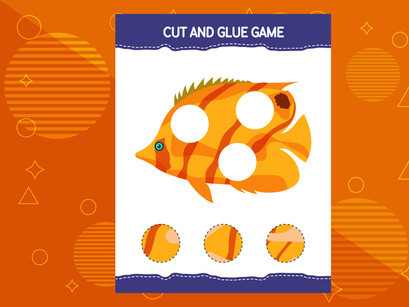 10 Pages Cut and glue game for kids with fish. Cutting practice for preschoolers. Education worksheet.