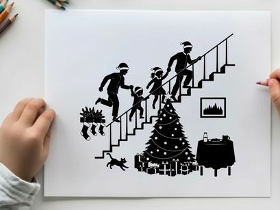 Holiday silhouette of family rushing downstairs on christmas morning