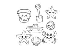 Cute sea animals and beach tools flat design vector illustration