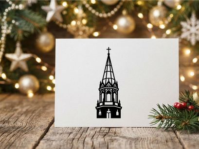 Black silhouette of a church steeple with a cross isolated on a white background.