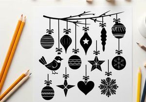 Christmas ornaments silhouette hanging from tree branch