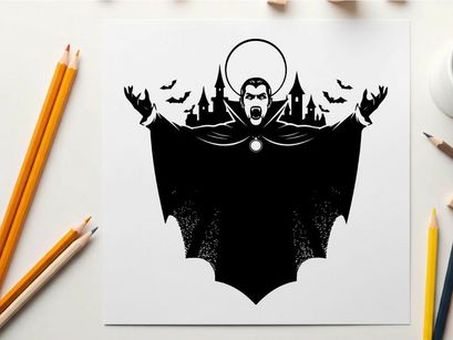 Silhouette of a vampire with castle and bats silhouette