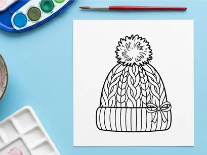 Touca de tricô de inverno com pompom e laço, ilustração em arte de linha preto e branco.
