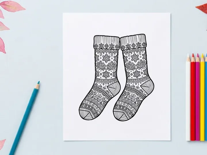 Christmas socks line art illustration with snowflake patterns for holiday coloring page