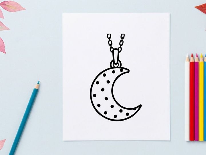 Crescent moon pendant necklace with star polka dots. Celestial minimalist jewelry for Halloween or gothic fashion styling.