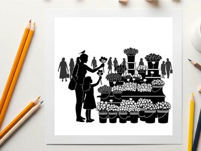 Silhouette of woman and child at a flower market stall