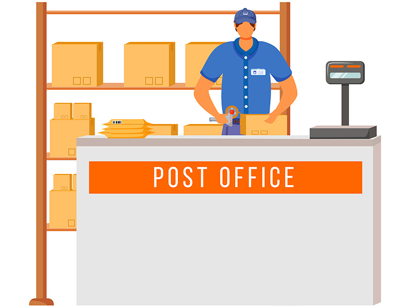Post office male worker flat color vector illustration
