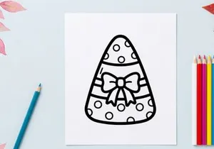 Candy corn coloring page for kids. Halloween festive treat outline with a cute bow.