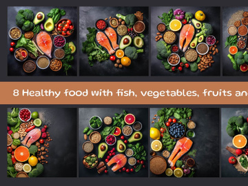 Healthy food with fish, vegetables, fruits and other ingredients preview picture