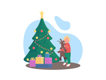 Kid with Christmas tree flat color vector faceless character preview picture