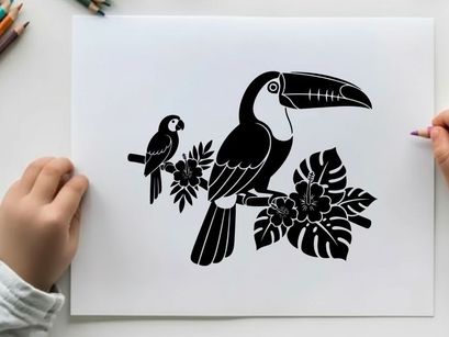 Toucan and small bird silhouette in tropical foliage setting