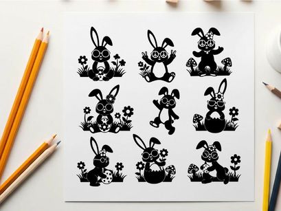 Black silhouette easter bunnies in flowers and grass