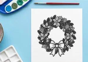 Ilustración de arte lineal de corona navideña con bayas de acebo y un lazo decorativo.