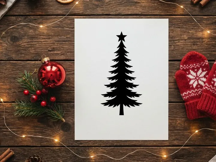 Black Christmas tree silhouette with a star topper isolated on a white background.