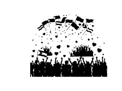 Silhouette of a crowd celebrating with flags and hearts in the air