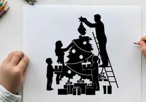Family decorating christmas tree in silhouette