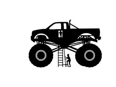 Silhouette of a monster truck with a person climbing