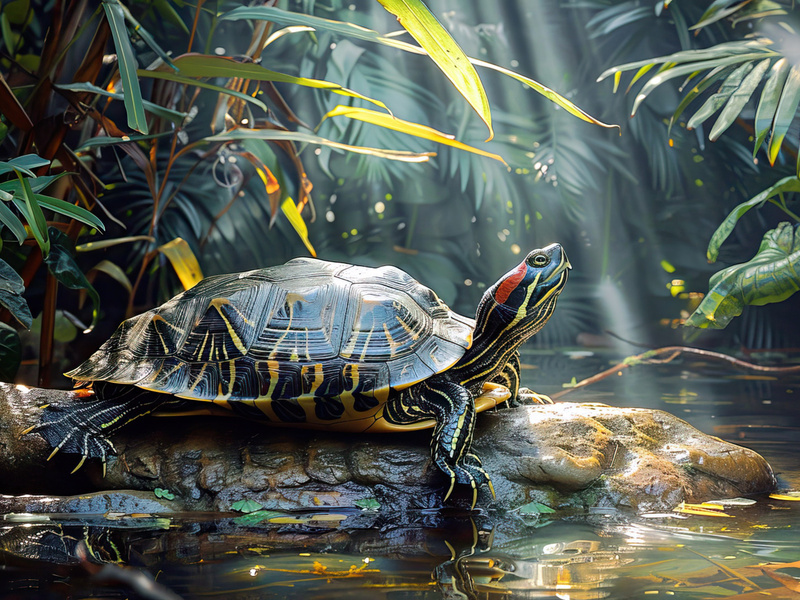 A turtle sunbathes on a rock surrounded by lush greenery and calm waters.