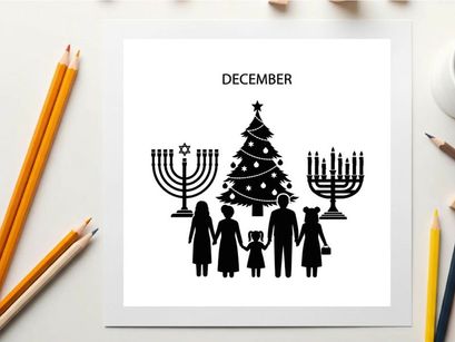 December holiday celebration silhouette of family by christmas tree and menorahs