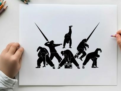 Silhouette of ninja warriors with swords in various poses