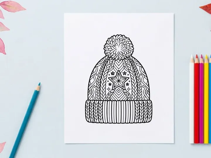 Halaman mewarnai topi beanie musim dingin dengan desain pola bintang untuk anak-anak dan dewasa