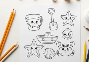 Cute sea animals and beach tools flat design vector illustration