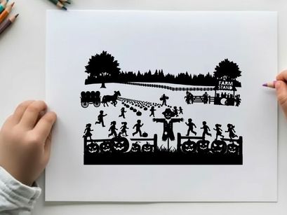 Halloween silhouette of children playing in a pumpkin patch