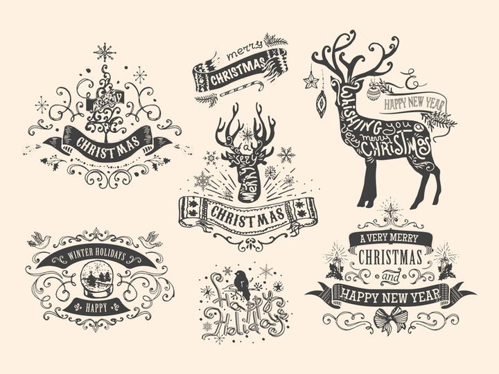 Lettering , typography inside chrismas elements and deer, ball, christmas tree, jingle, new year.