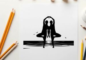 Silhouette of two people in yoga pose at sunset