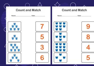 10 Pages Count and match with the correct number. Matching education game. Count how many items and choose the correct number