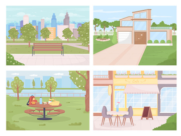 Public areas in city for relaxation color vector illustration set preview picture