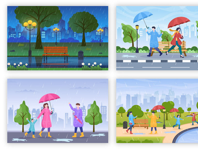 24 People in The Rain Cartoon illustration