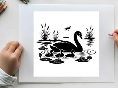 Mother swan and cygnets in pond with silhouette