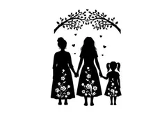 Mother and daughters silhouette under a tree with flowers