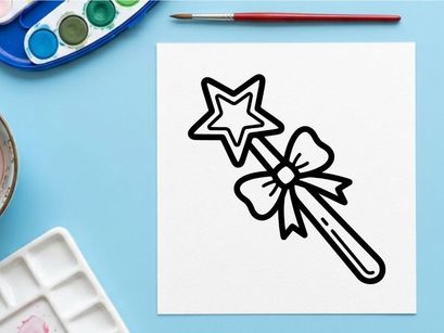 Hand-drawn Halloween star wand with flower design. Cartoon magic stick for kids' party props and decorations.