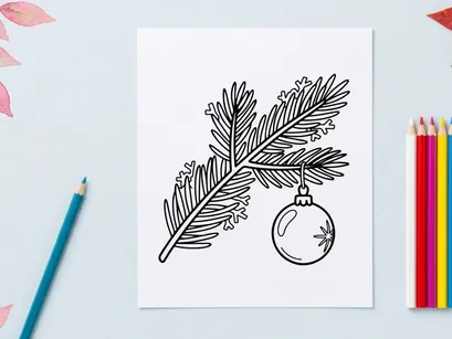Christmas tree branch with hanging bauble ornament line art illustration