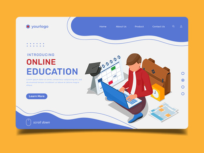 Online Education with Male character - Lading Page Illustration Template