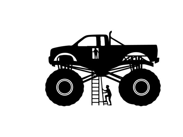 Silhouette of a monster truck with a person climbing