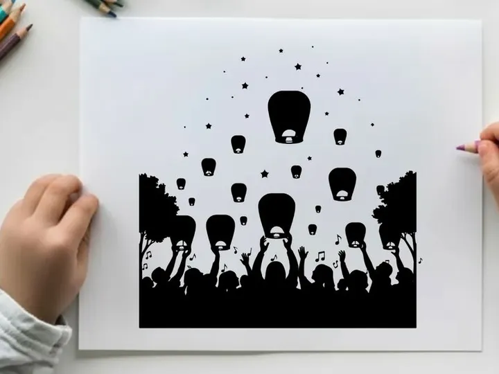 Silhouette of people releasing lanterns into the night sky