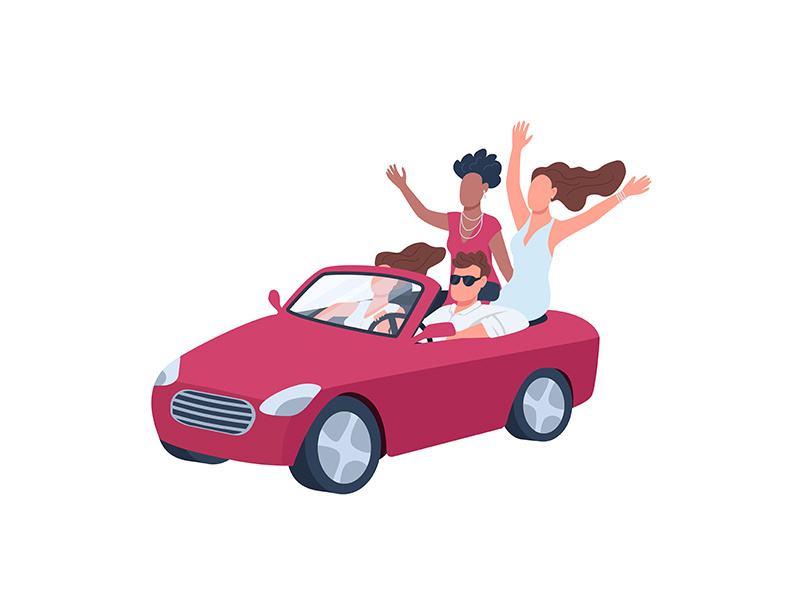 Attractive man in car surrounded by girls flat color vector faceless character