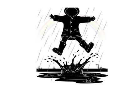Silhouette of a child jumping in a puddle on a rainy day