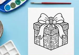 Christmas gift box with swirl pattern bow, black and white line art coloring page design.